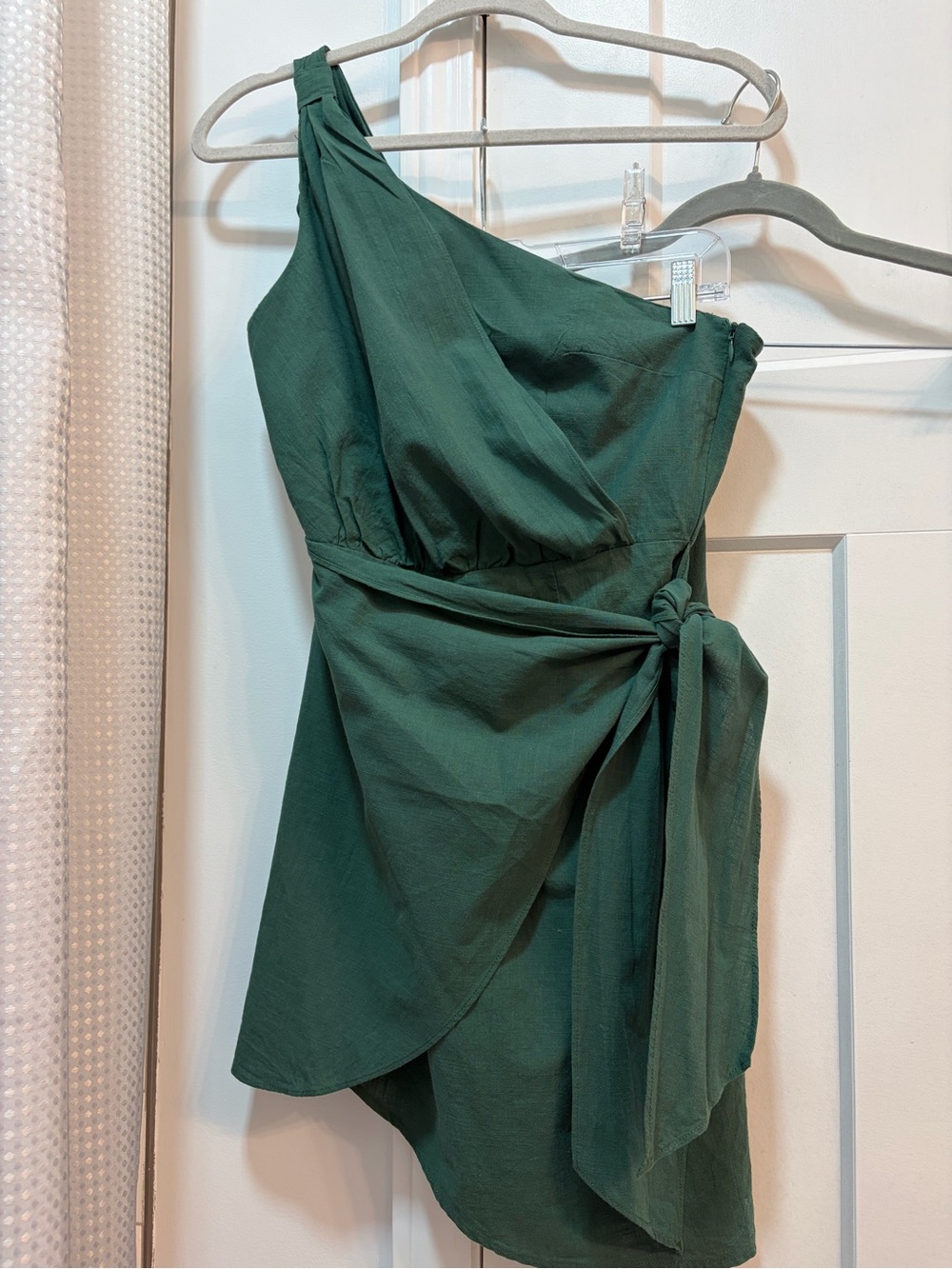 Lillusory One-Shoulder Dark Green Wrap Dress with Side Knot - Size S